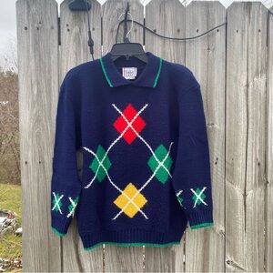 Vintage Cricket Lane‎ Argyle Polo Sweater Navy Blue Knit Made in USA Womens M